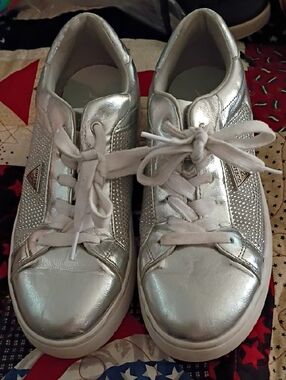 Guess Silver Metallic Low-Top Women's Sneakers with Crystal Detail